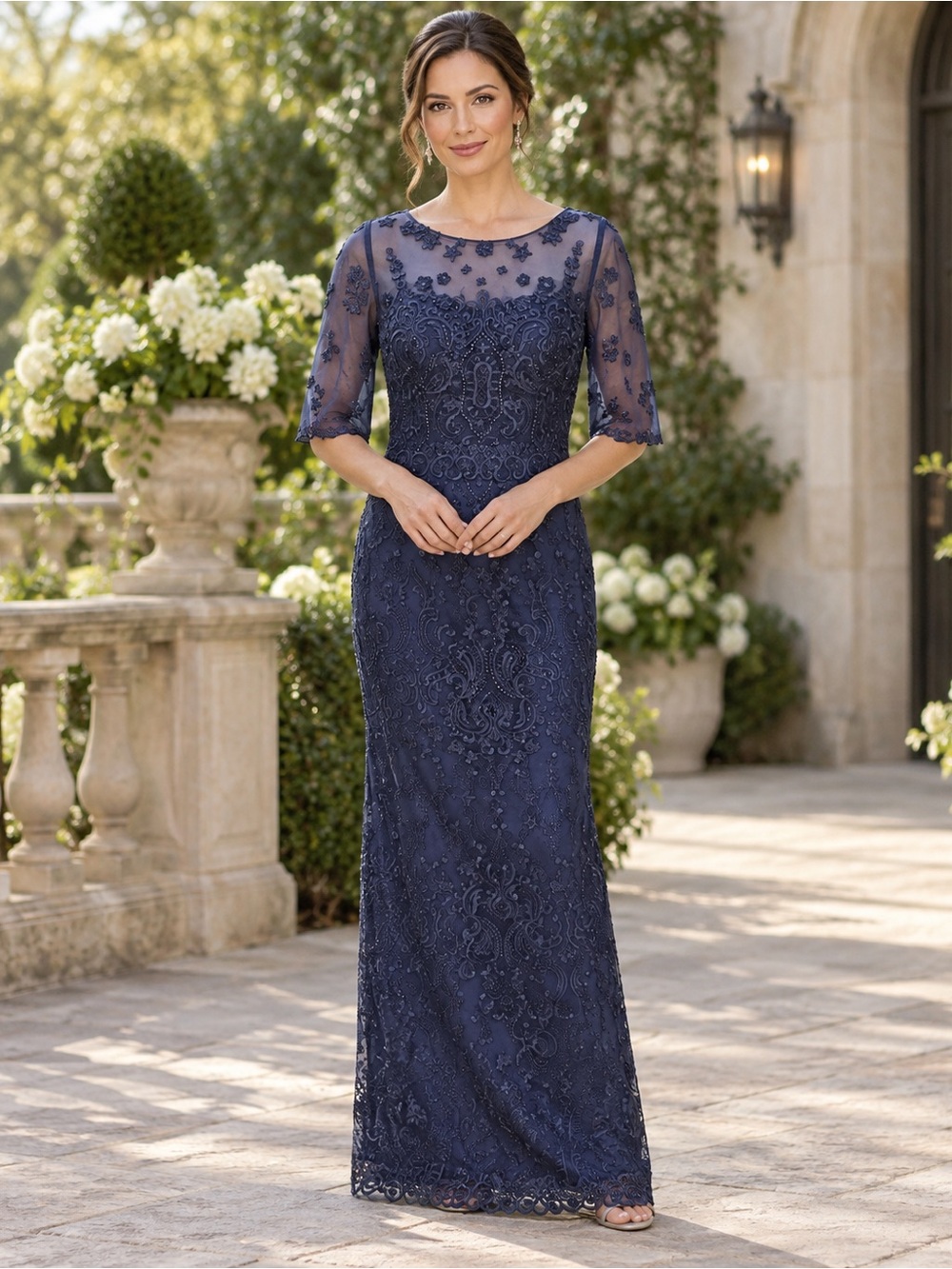 JJs House Navy Beaded Lace Illusion Gown